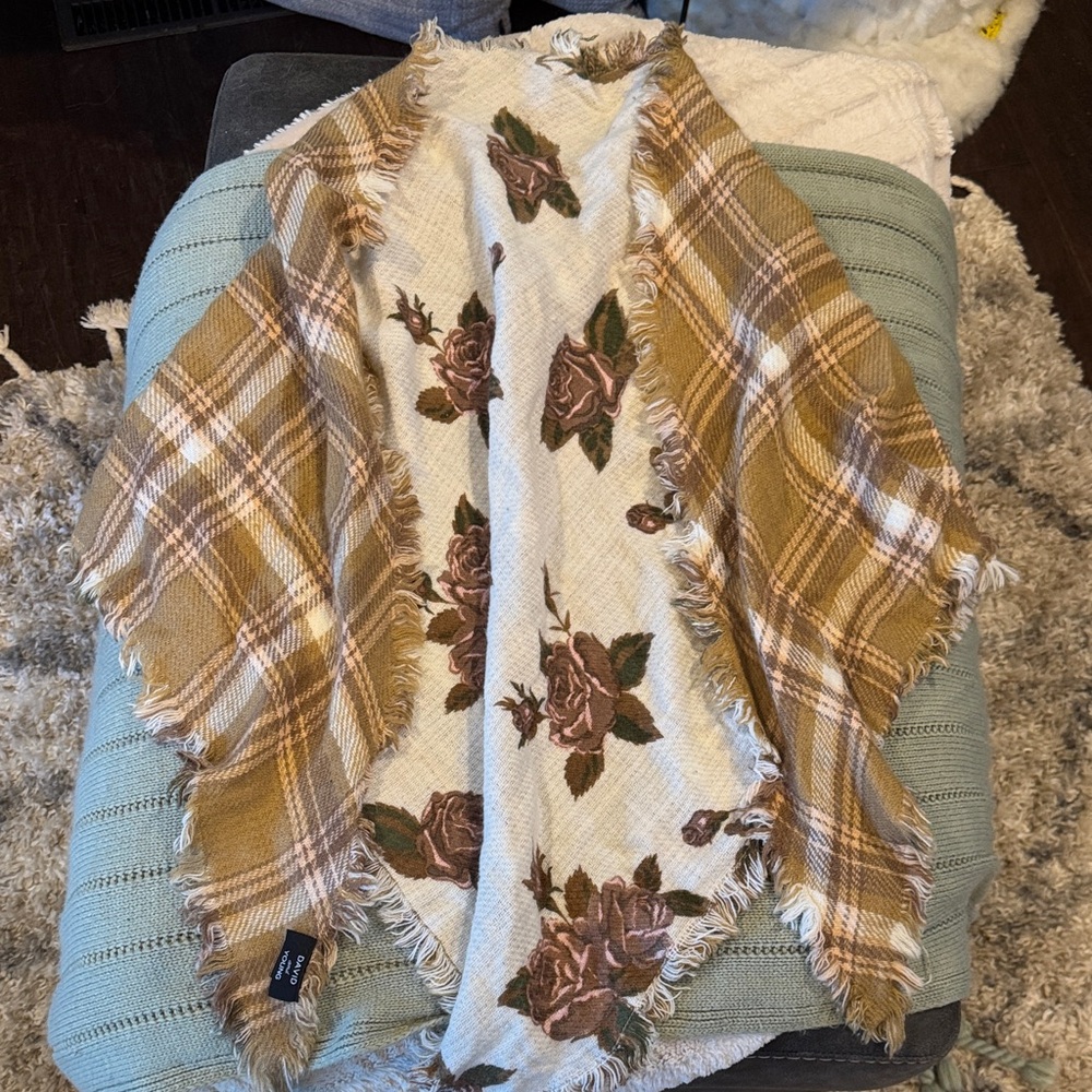 Plaid and Floral Fringe Scarf